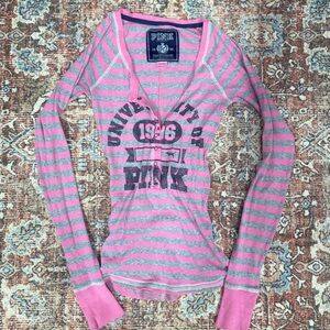 Victoria’s Secret PINK Y2K pink/grey striped fitted long sleeve grunge Henley M